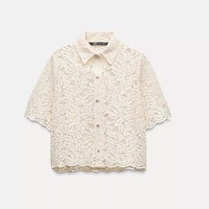 Zara White Lace Short-Sleeve Button Front Blouse